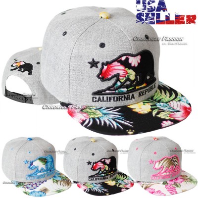 CALI Bear California Republic Baseball Cap Embroidery Hat Snapback Floral HipHop  eb-41288151